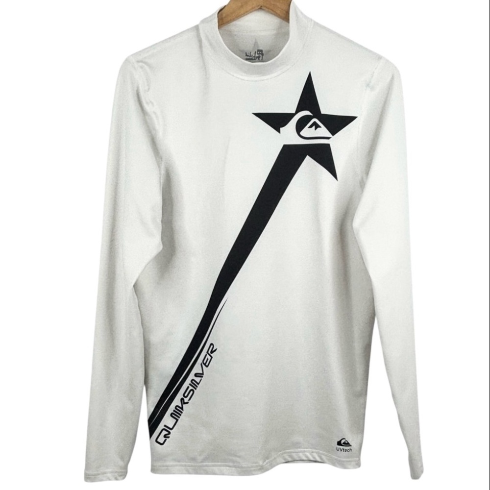 Quiksilver White Long Sleeve UVTech Black Logo Mens Rash guard Surf Shirt XL